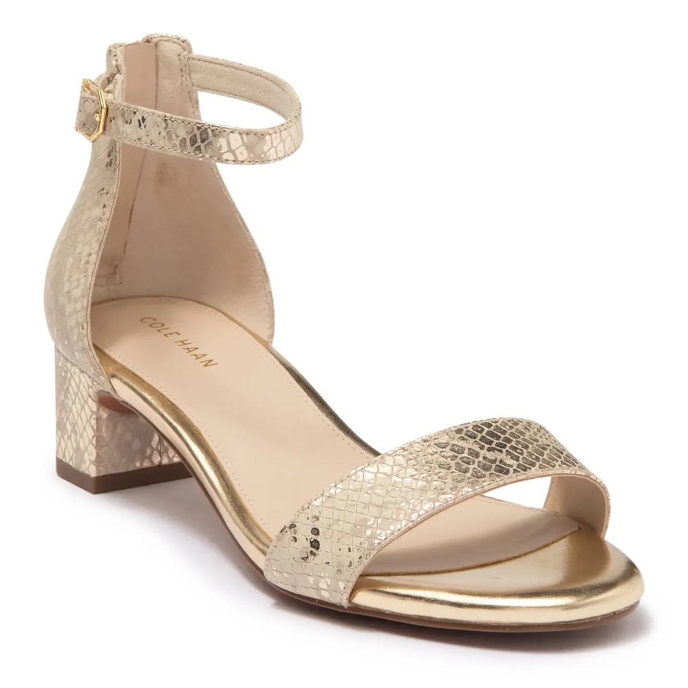 Cole Haan Block Heel Sandal Size 8 Embossed Leather Metallic Print